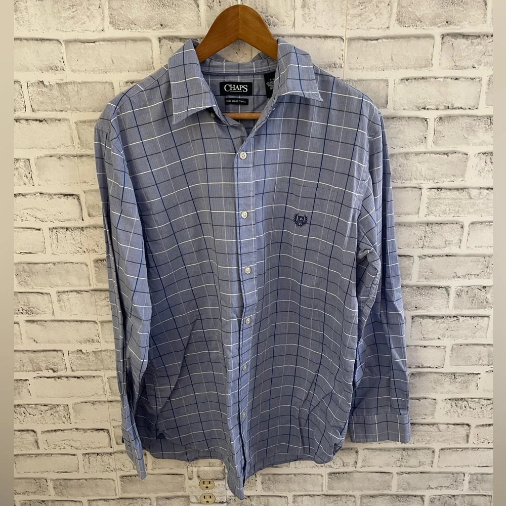 Men’s Chaps blue plaid easy care twill button down dress shirt Large